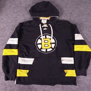 Boston Bruins CCM Hoodie Mens Medium Black Yellow Drawstring Pullover Sweatshirt